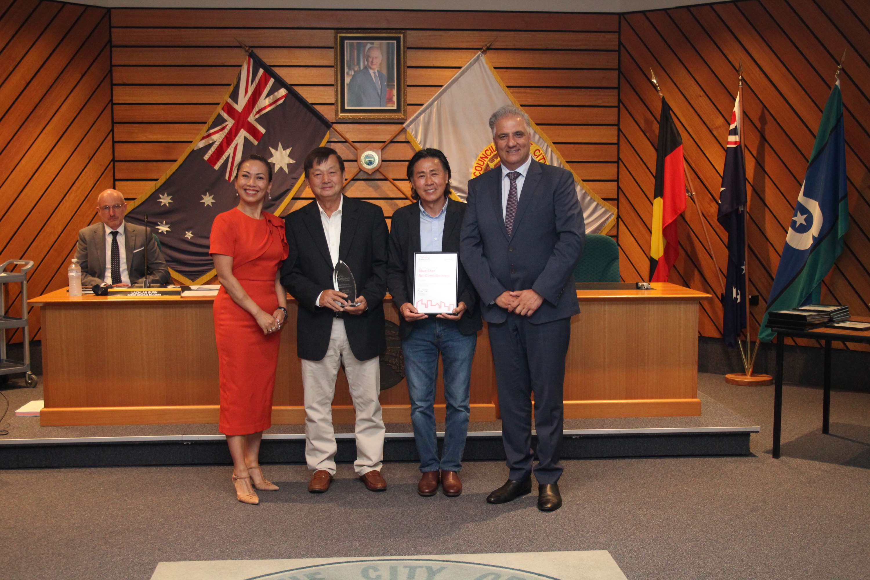 Mayor Frank Carbone and Deputy Mayor Dai Le with Ken Lam and Dong Tran from Blue Star Air Conditioning in Lansvale. Recipients of the Lifetime Business Award received on 10 December 2024.