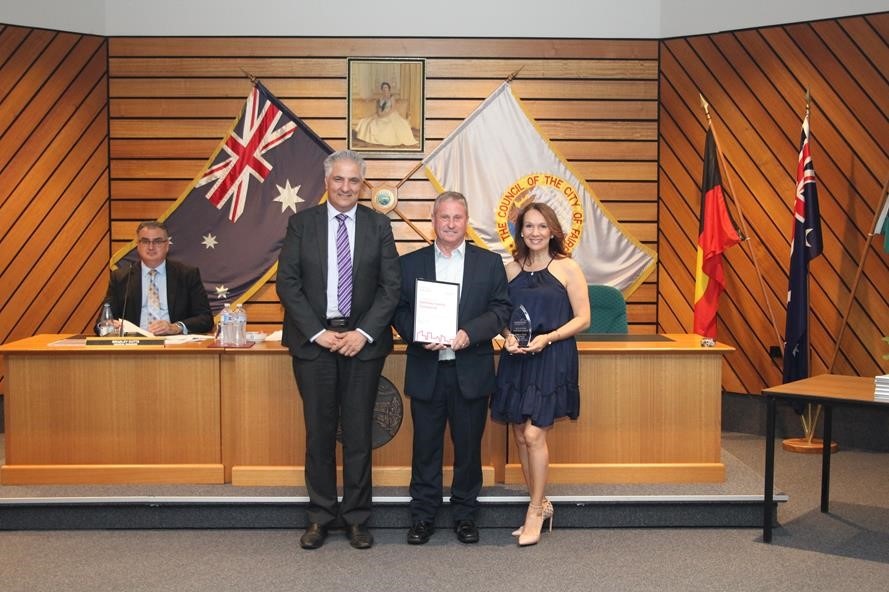 Group photo of Mayor Frank Carbone, Michael Spillane and Ingrid Spillane. Recipients of the Fairfield City Lifetime Business Award 2023