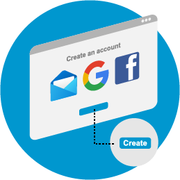 Illustration of a computer window featuring options to create an account using email, Gmail or Facebook