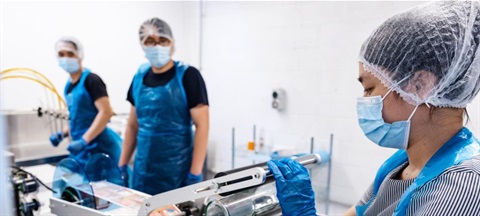 Three women in blue aprons are working together in a factory setting, engaged in various tasks.