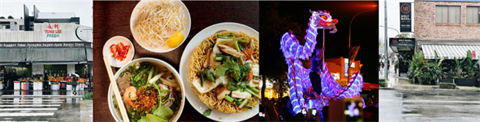 A collage featuring various food items alongside an image of a building, showcasing culinary delights and architecture.