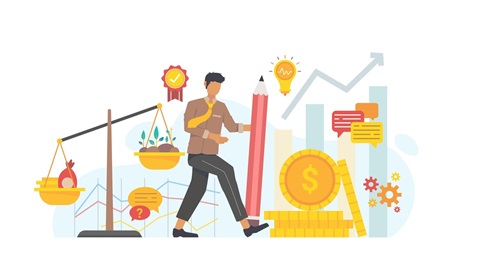 Illustration of a businessman balancing money and a pencil on a scale, symbolizing the trade-off between financial and creative values.